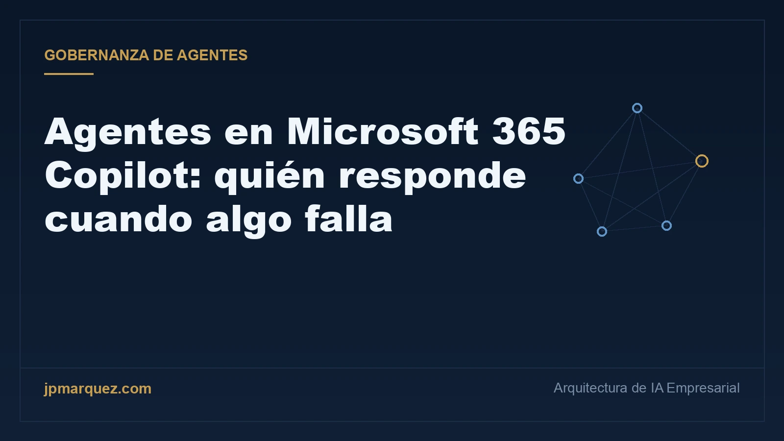 Portada editorial navy y oro: Agentes en Microsoft 365 Copilot, quién responde cuando algo falla