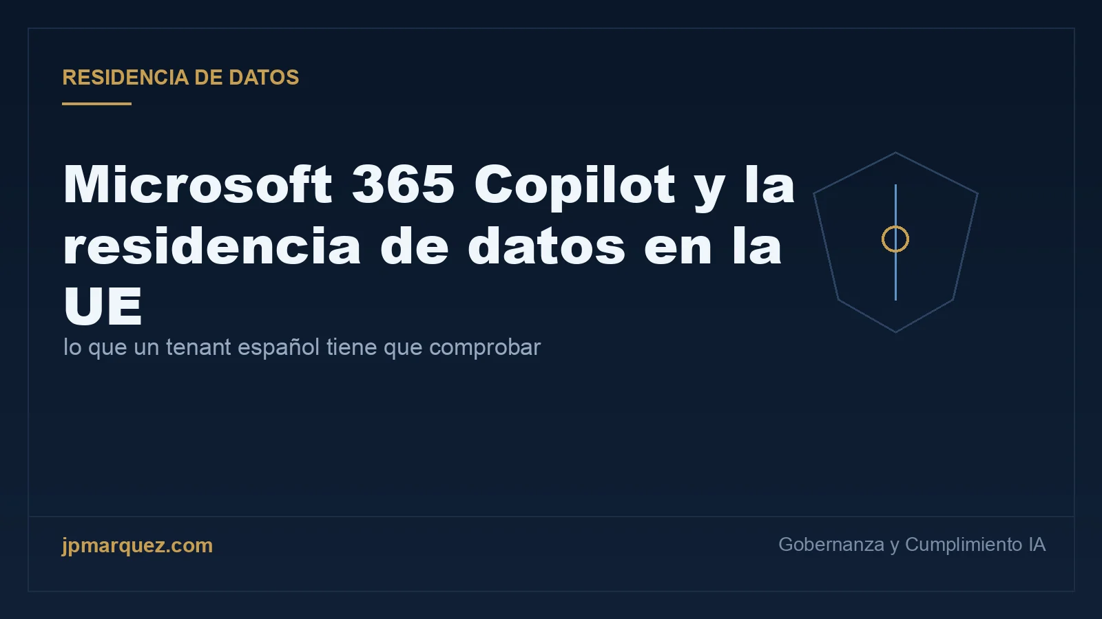 Portada editorial navy y oro: Microsoft 365 Copilot y la residencia de datos en la UE, con un icono de escudo que representa gobernanza y cumplimiento.
