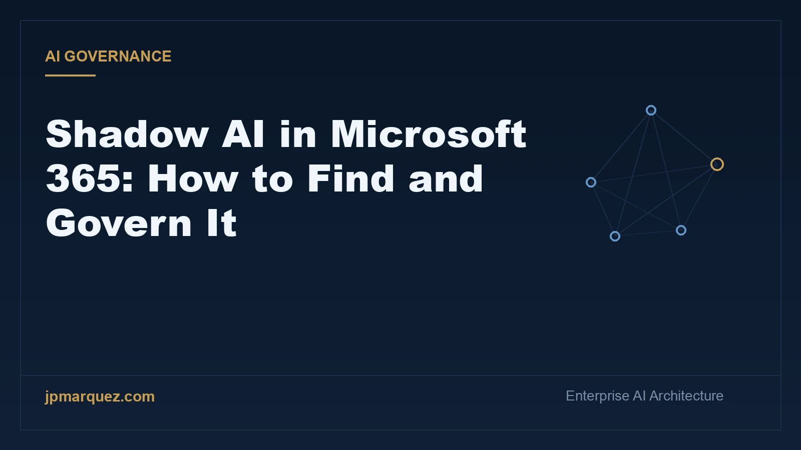 Editorial cover: Shadow AI in Microsoft 365, navy and gold, agent node schematic