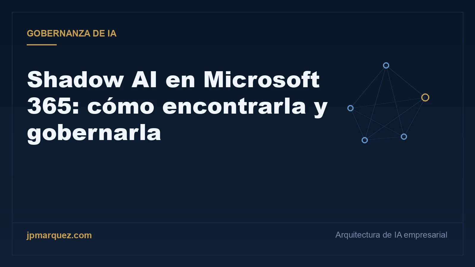 Portada editorial: Shadow AI en Microsoft 365, navy y oro, esquema de nodos de agentes